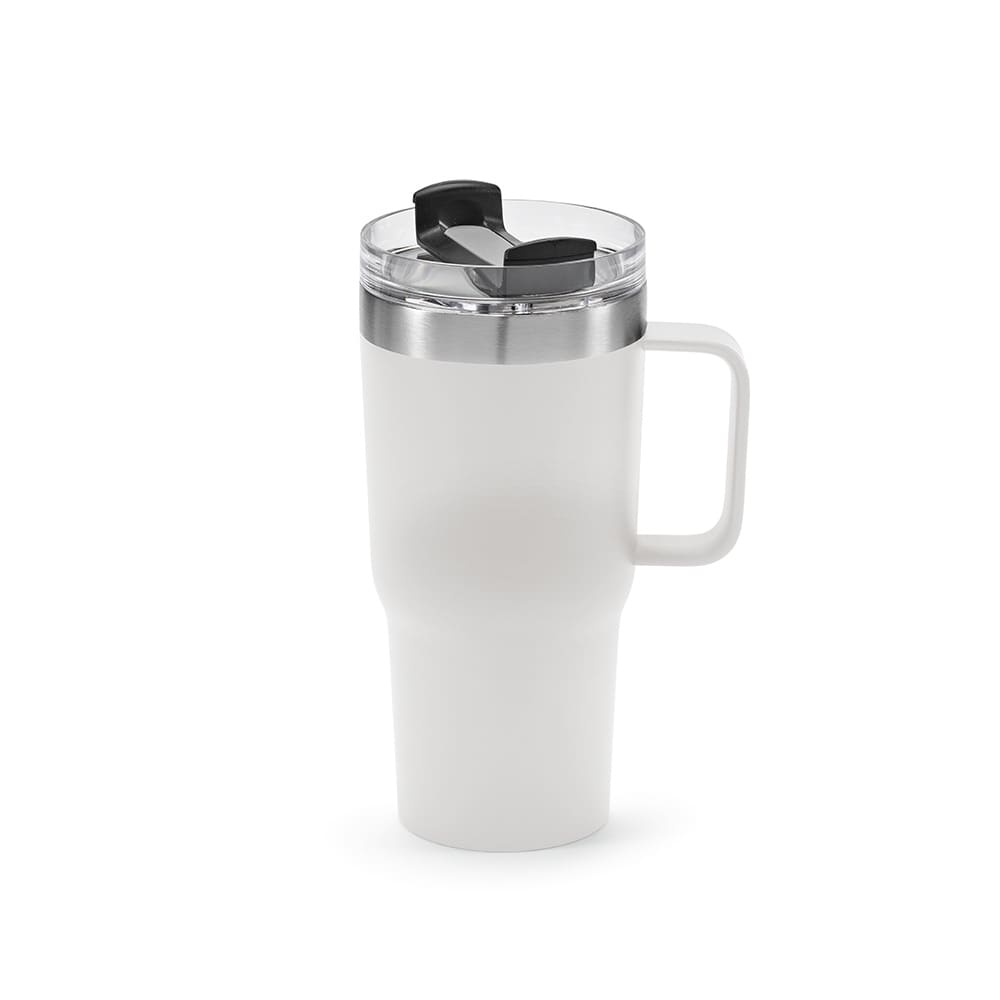 A drink bottle in white with a stainless steel lid and a rotating sip opening, featuring a sturdy handle.
