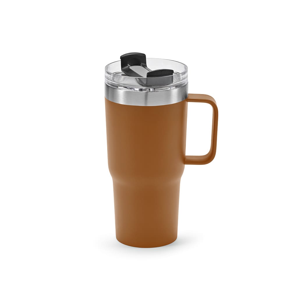 A drink bottle in a warm brown colour with a double wall, rotating lid, and a sturdy handle.