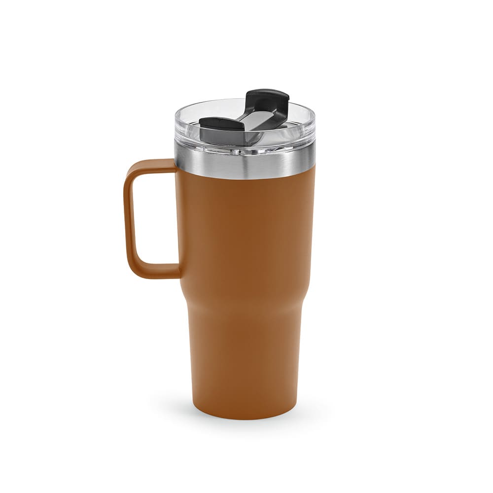 A drink bottle with a brown exterior, a transparent lid, and a rotating black lid. It features a handle for easy grip.