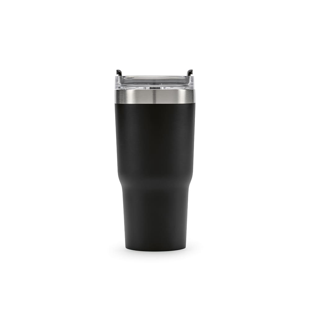A drink bottle in matte black with a stainless steel top, featuring a double wall and a rotating lid.