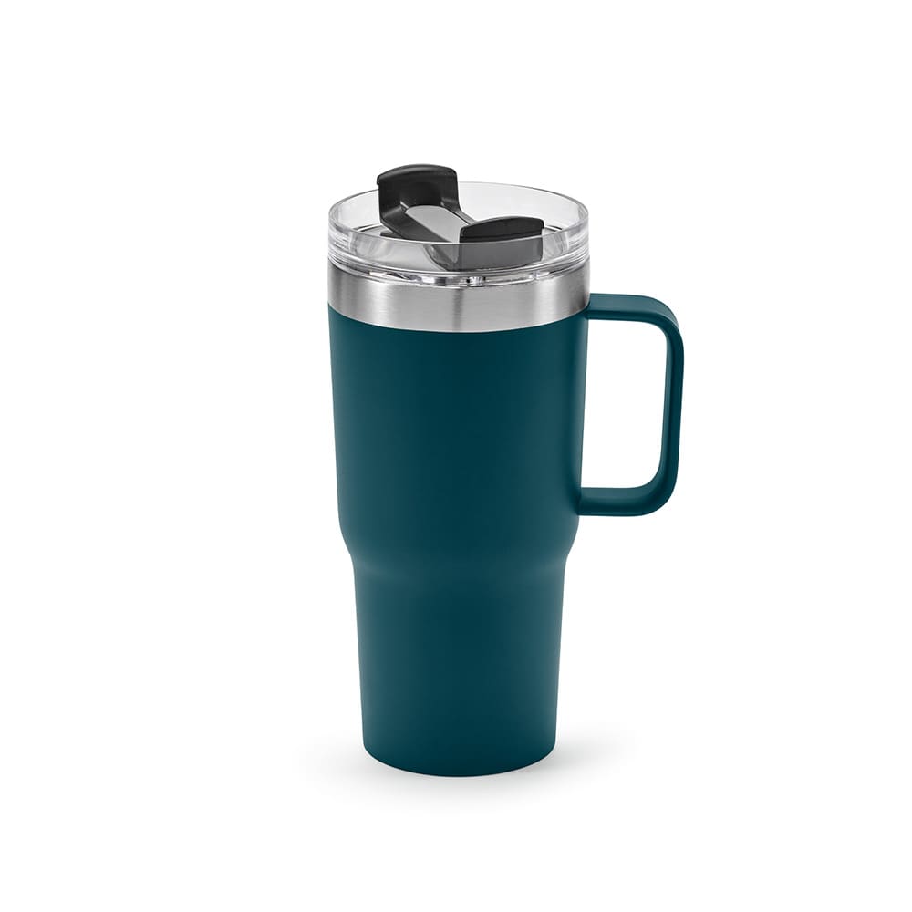 A drink bottle in teal with a double wall, rotating lid, and a handle. Features a stainless steel top.