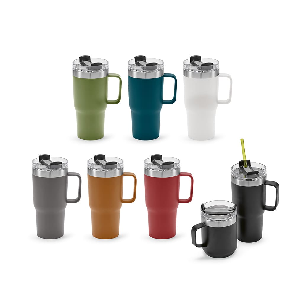 A drink bottle set featuring eight mugs in various colours including green, teal, white, grey, brown, red, and black, with a transparent lid and handles.