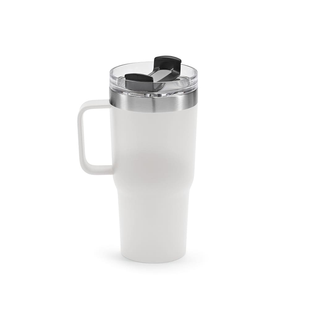 A drink bottle in white with a stainless steel lid and a rotating black lid. It features a handle for easy use.