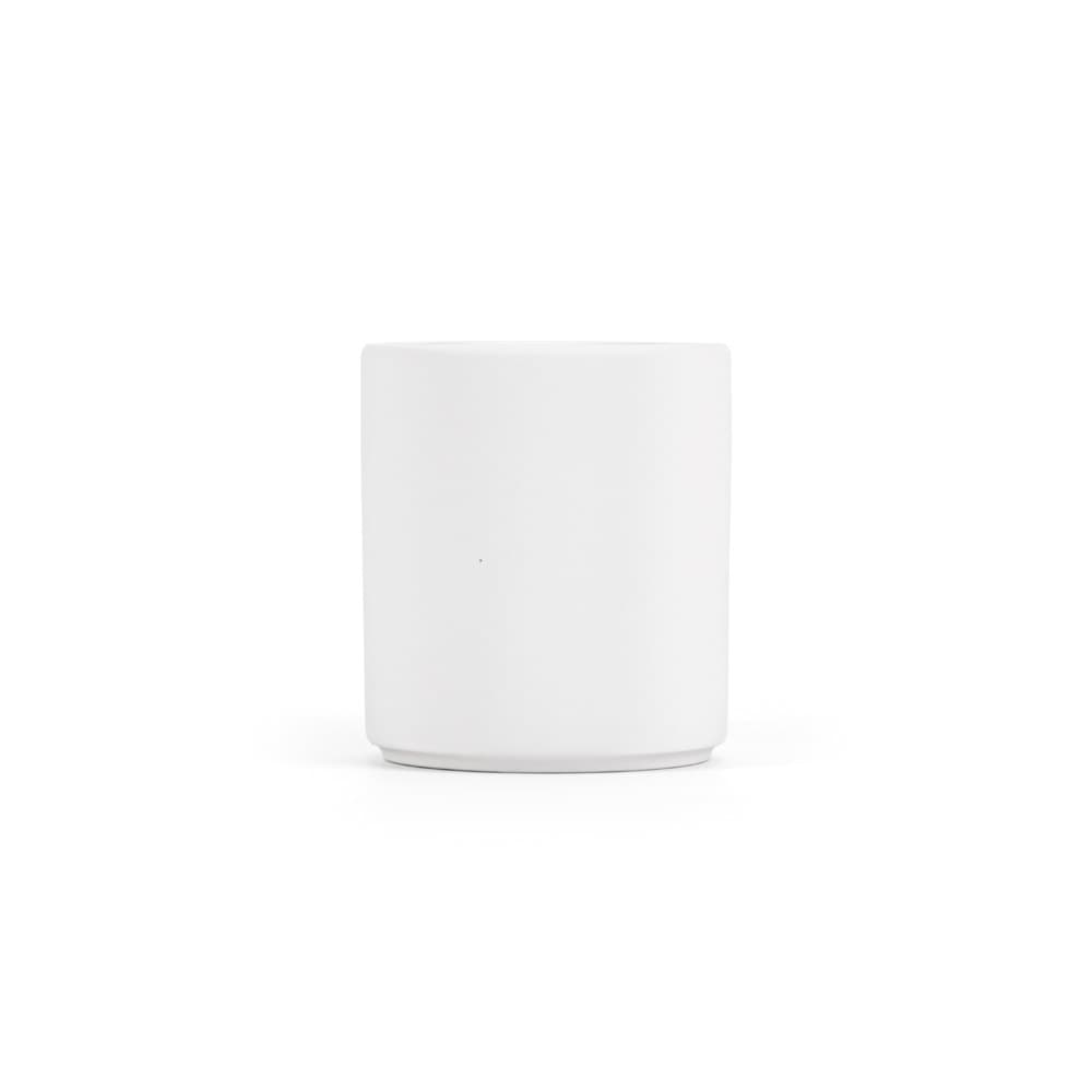 A white ceramic mug with a matt finish, stackable design, and sublimation capability. It has a logo.