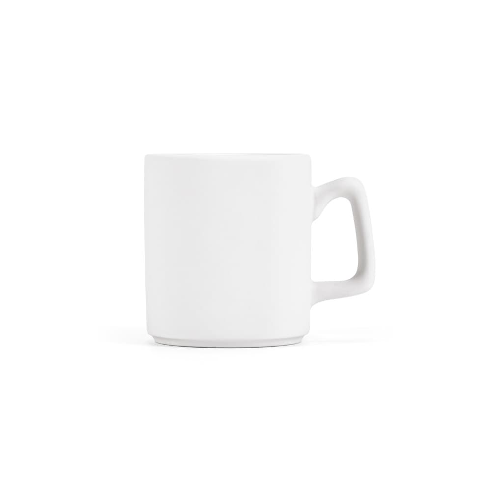 A ceramic mug with a matt white finish, featuring a stackable design and a handle, ready for sublimation.