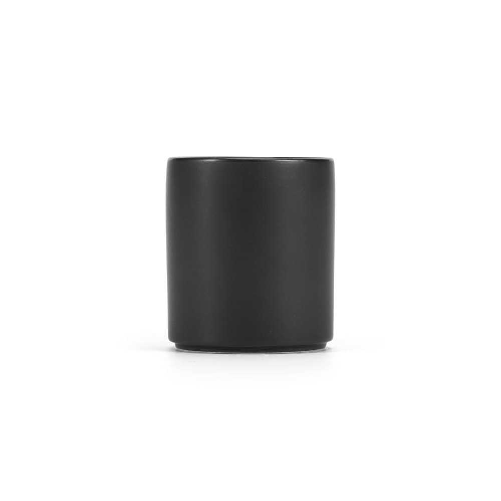 A black ceramic mug with a matt finish, 320ml capacity, and stackable design. Features a logo.