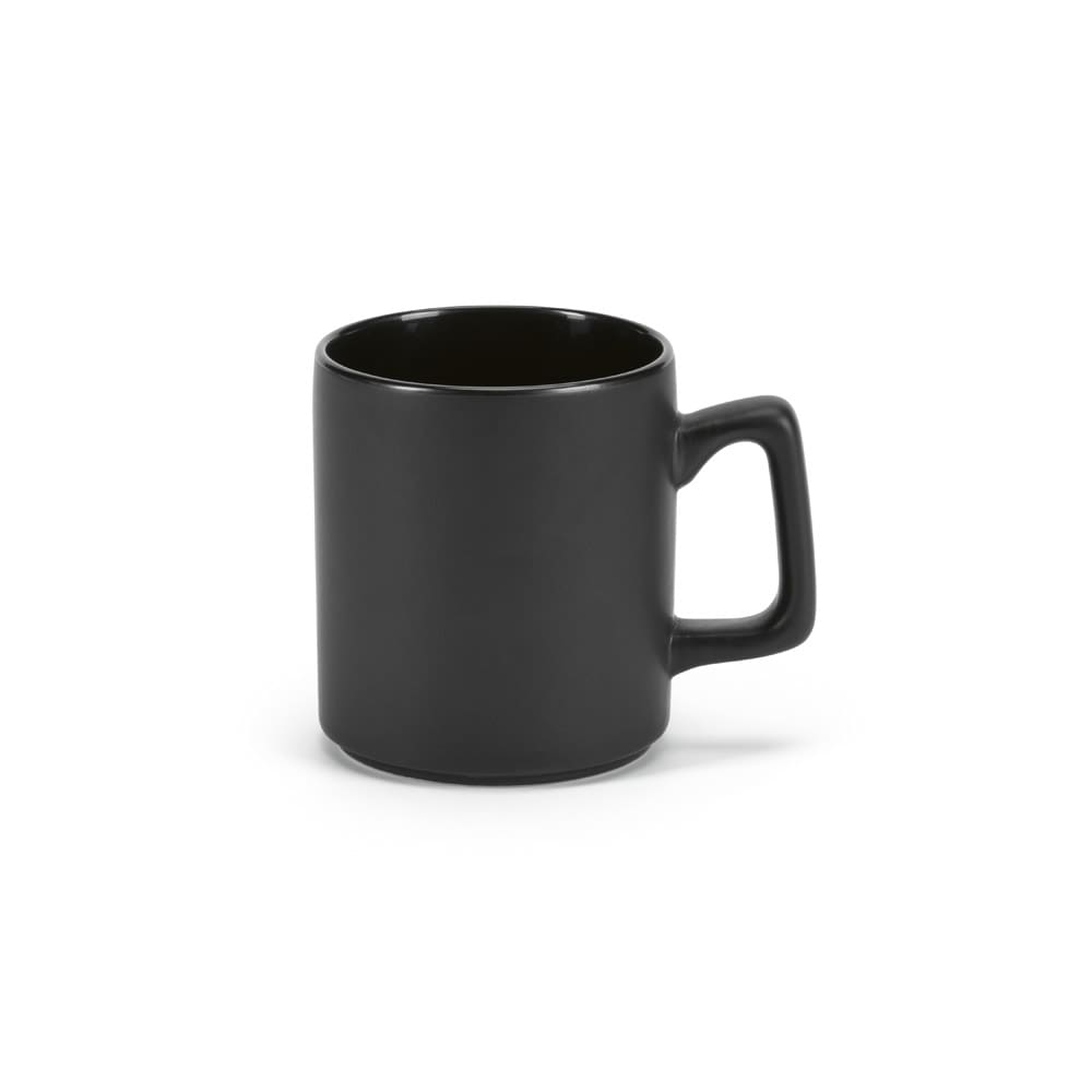 A black ceramic mug with a matte finish, featuring a handle and a stackable design.