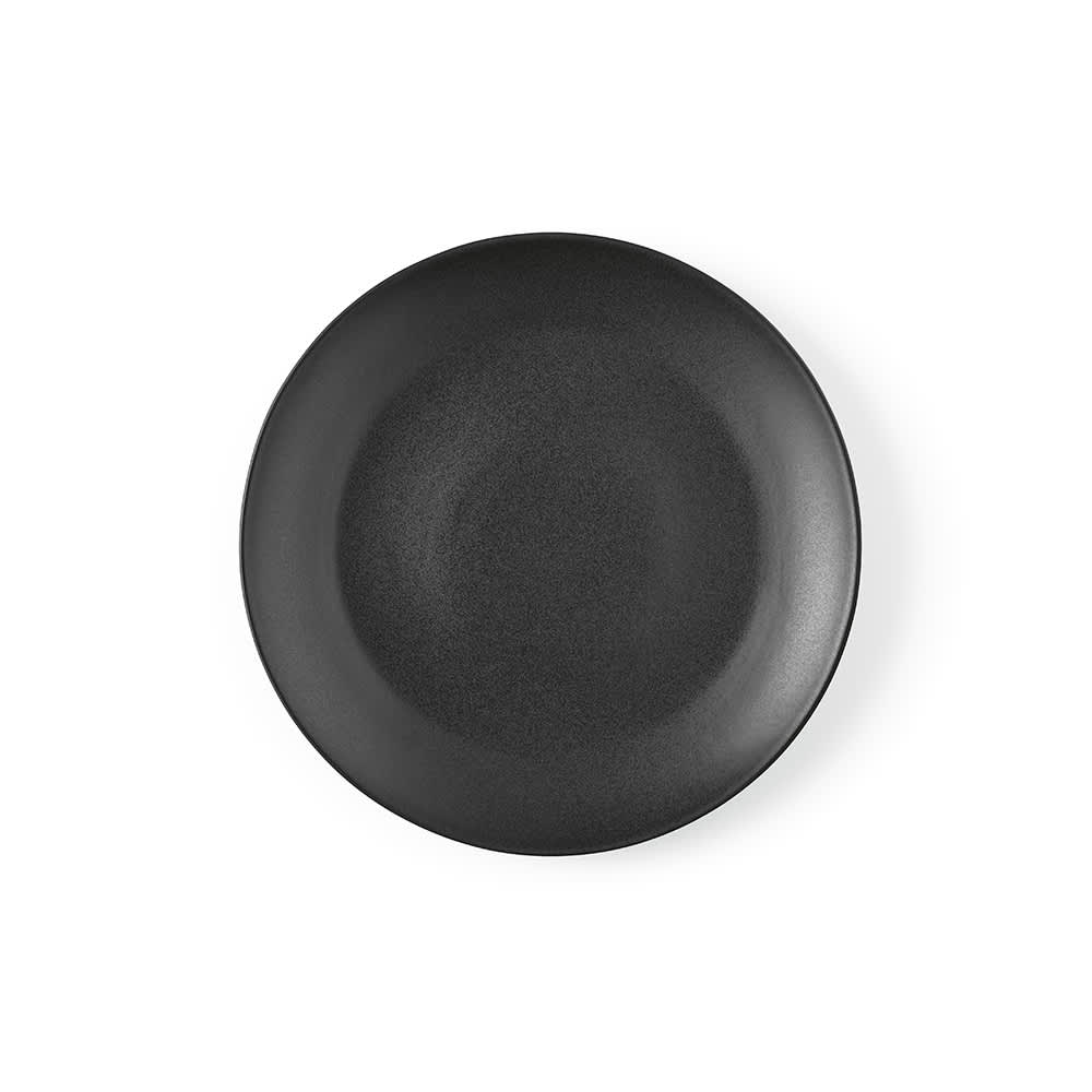A matte black ceramic dinner plate with a smooth finish, made in Portugal. Features a logo on the base.