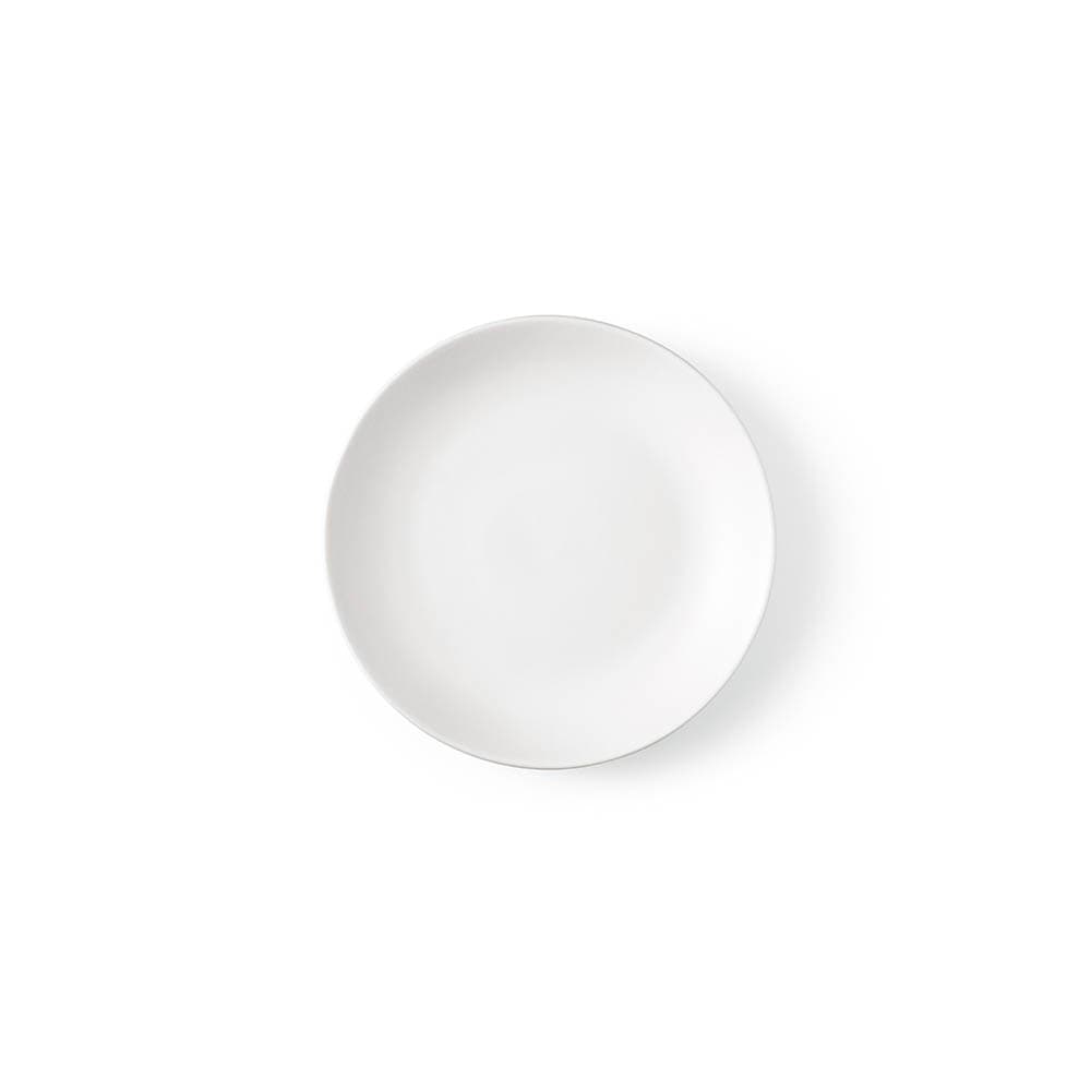 A white ceramic dessert plate with a matte finish, made in Portugal. It features a simple design and has a logo.