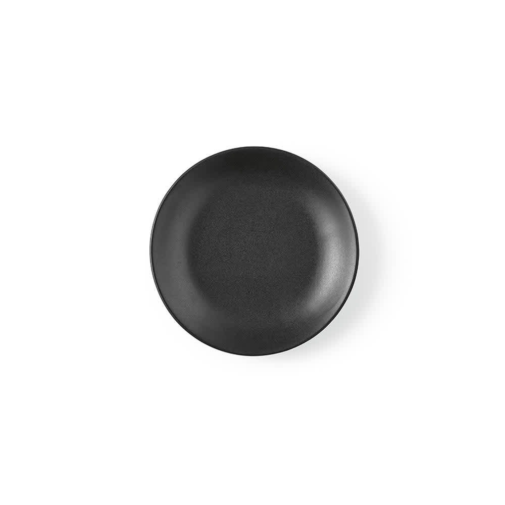 A round, matte black ceramic dessert plate with a smooth finish, made in Portugal. It features a simple design.