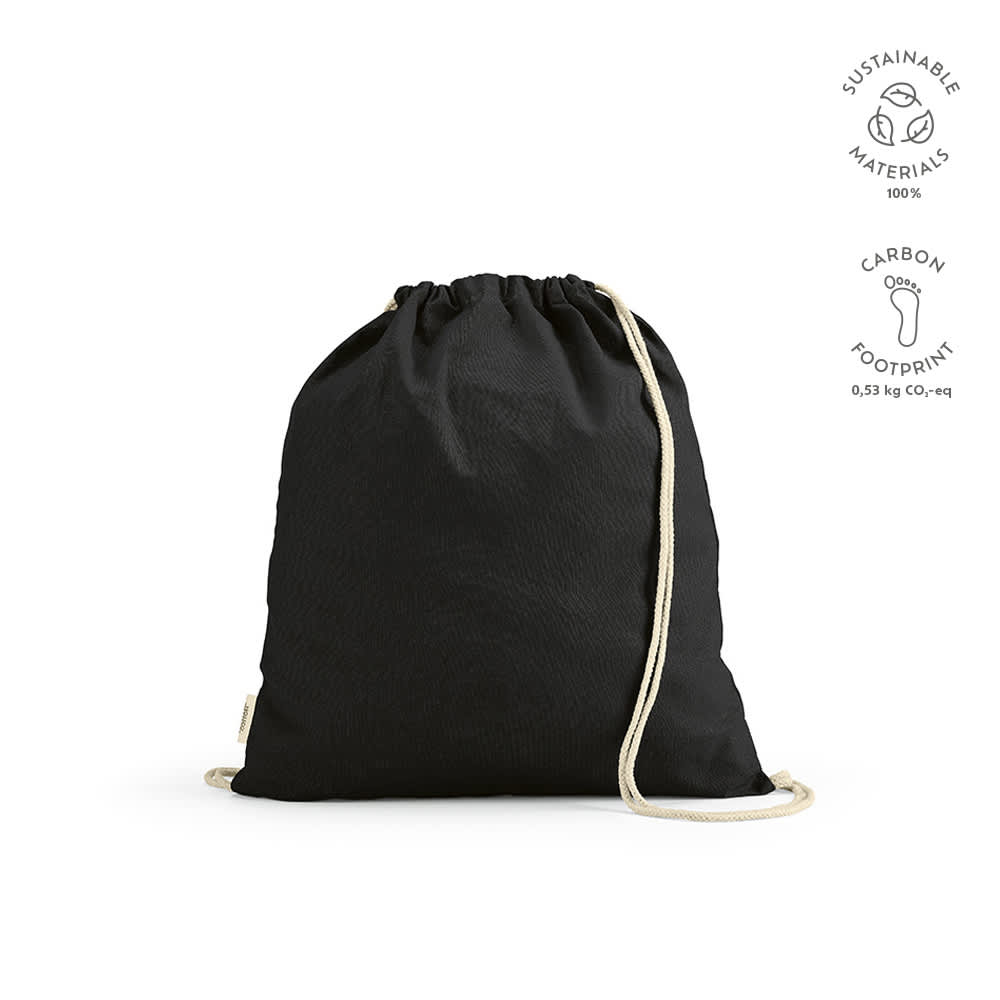A black drawstring bag made from rCotton, featuring rCotton rope straps and a branding logo.