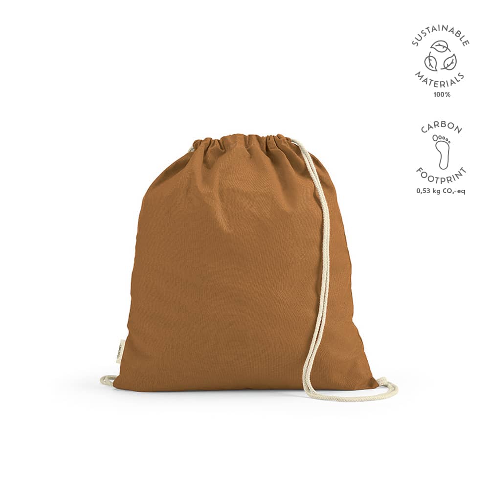 A brown drawstring bag made from sustainable materials with cotton rope straps and a logo.