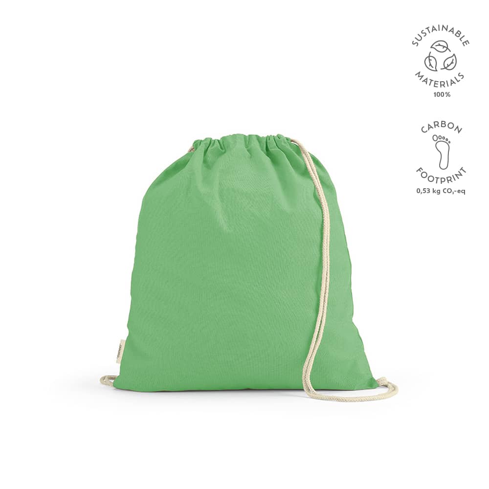 A green drawstring bag made from sustainable materials with cotton rope straps and a logo.