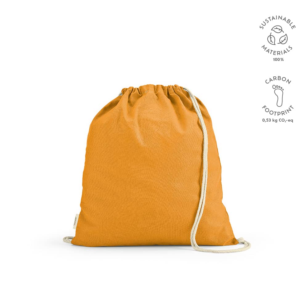 A mustard yellow drawstring bag made of rCotton with rope straps, featuring a simple design and branding.