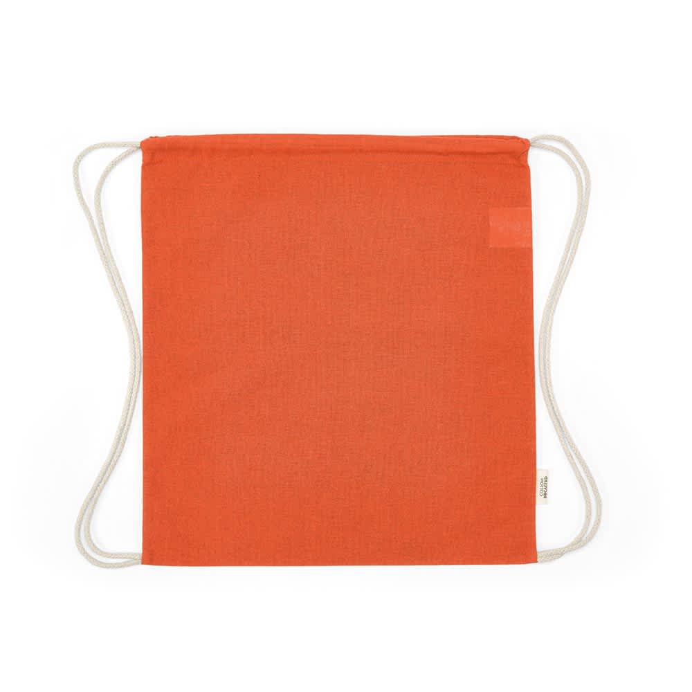 An orange drawstring bag with rCotton fabric and cream-coloured rope straps. It features a branding logo.