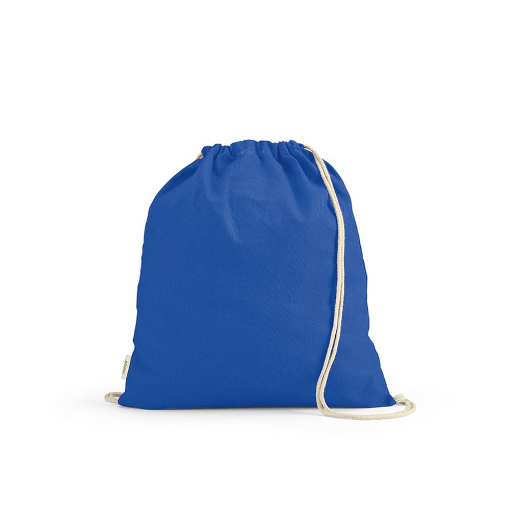 A blue drawstring bag made from rCotton with cream rope straps and a small logo.