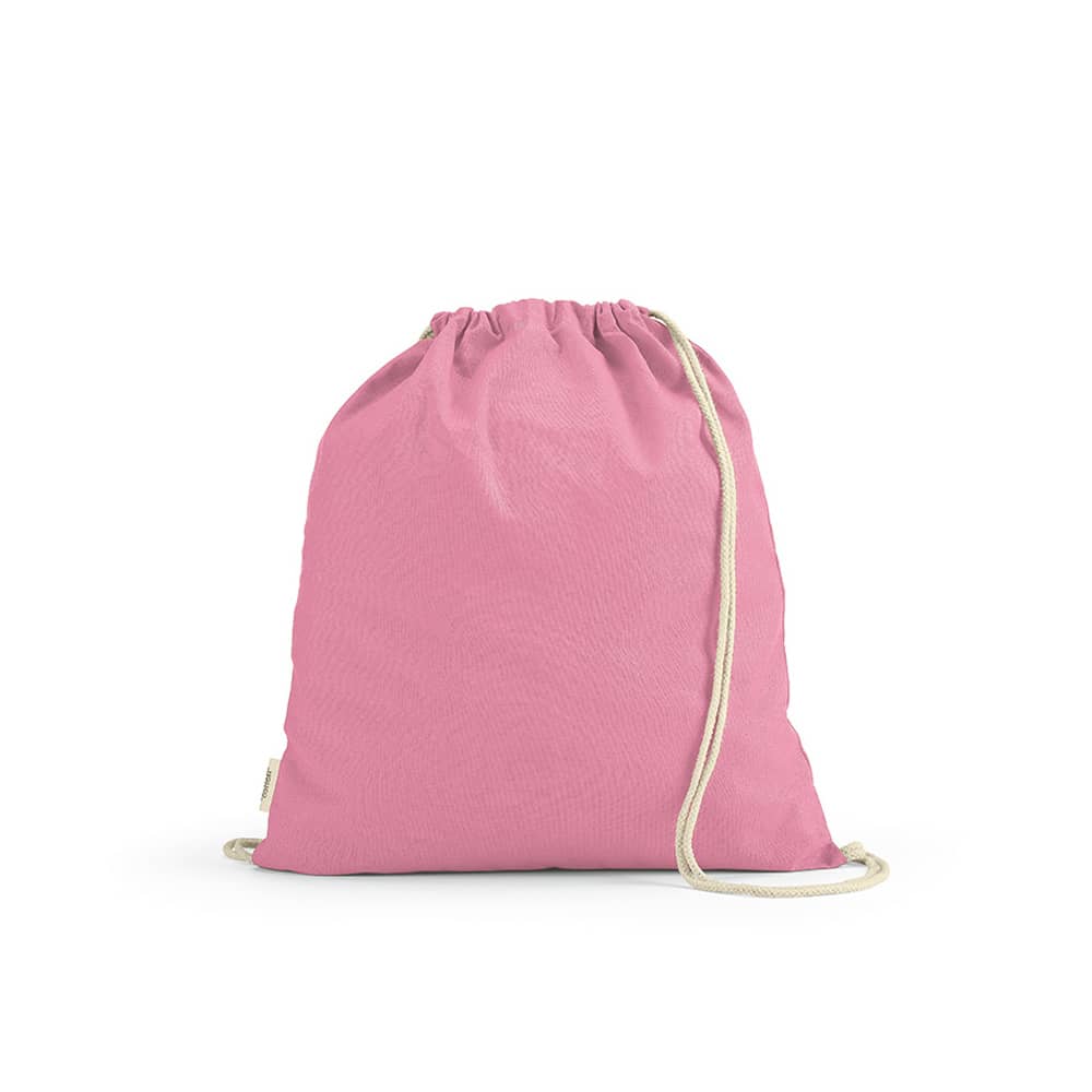 A pink drawstring bag with natural rope straps, featuring a logo. Made from rCotton, 140gsm.