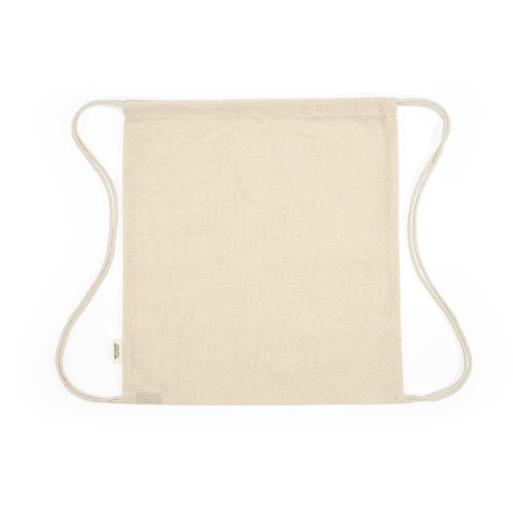 A beige drawstring bag made from rCotton, featuring grey rope straps and a simple design.