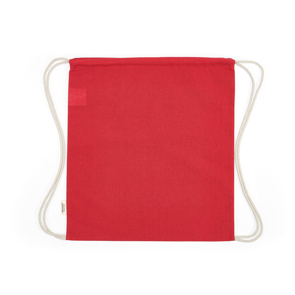 A red drawstring bag with cream rCotton rope straps, featuring a small logo.