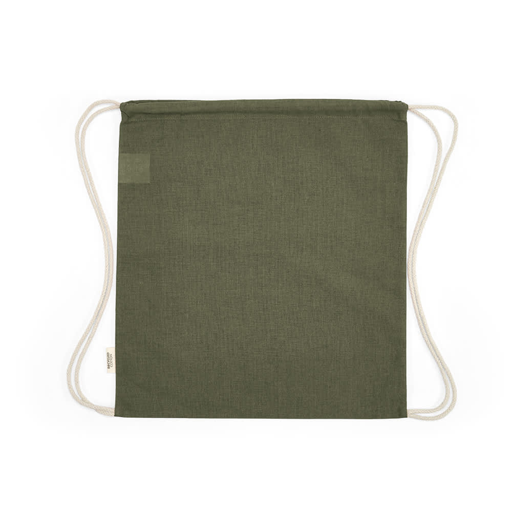 A green drawstring bag made from rCotton, featuring cream rope straps and a small logo.