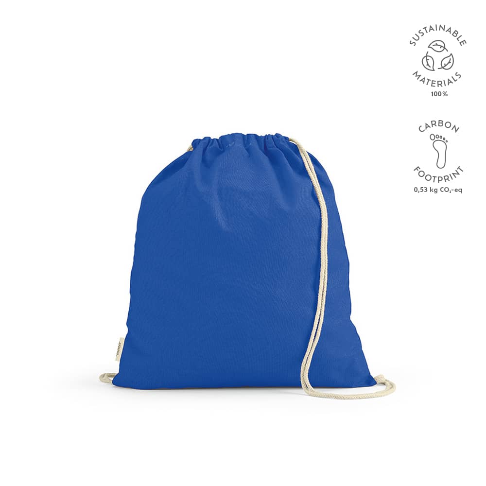 A bright blue drawstring bag made from sustainable cotton with natural rope straps and a branding logo.