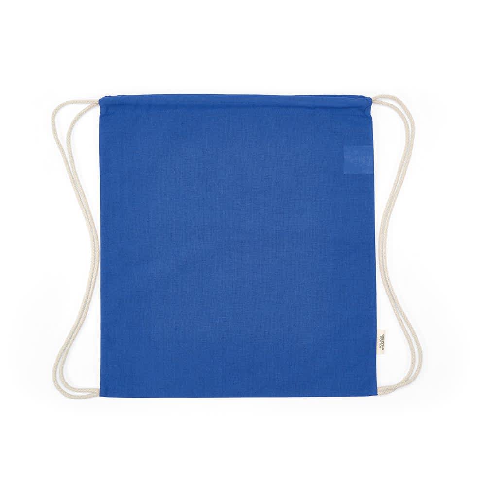 A blue drawstring bag made of rCotton fabric with white rope straps. It features a small logo.