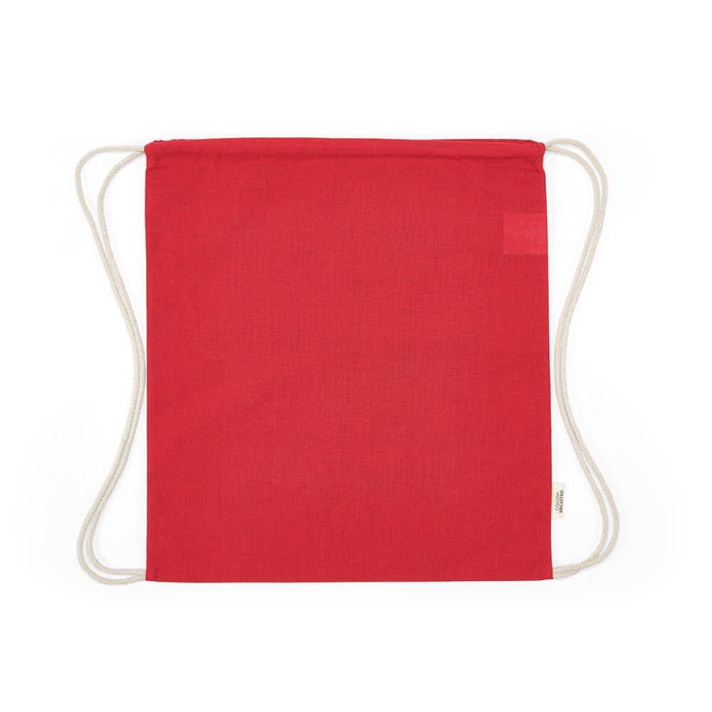A red drawstring bag made from rCotton with cream rope straps, featuring a logo.
