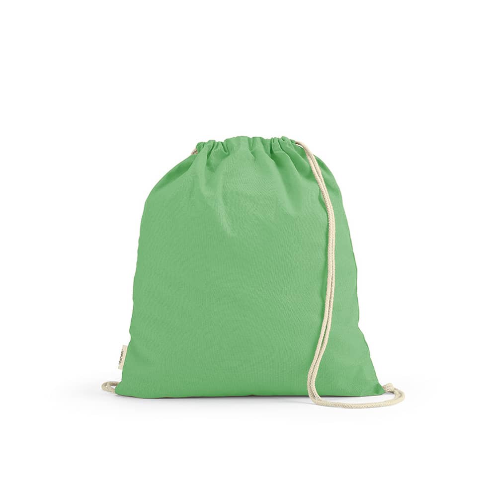 A green drawstring bag made of rCotton with natural rope straps. Features a logo on the side.