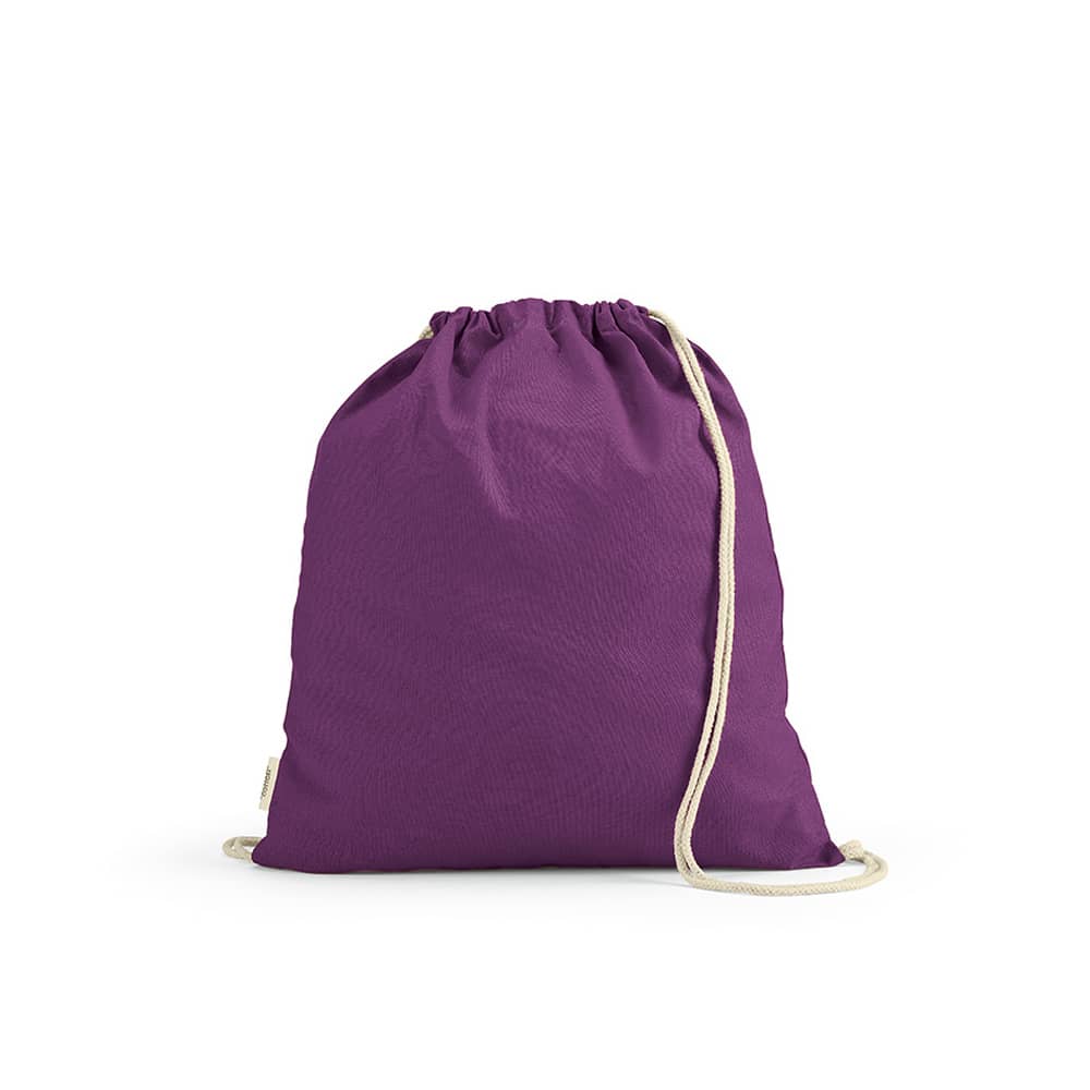 A purple drawstring bag made of rCotton with cream-coloured rope straps and a logo.
