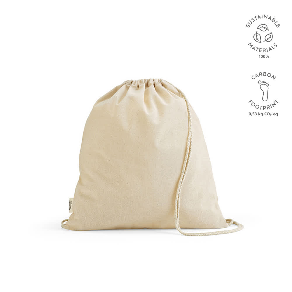 A beige drawstring bag made from sustainable materials, featuring cotton rope straps and a logo.
