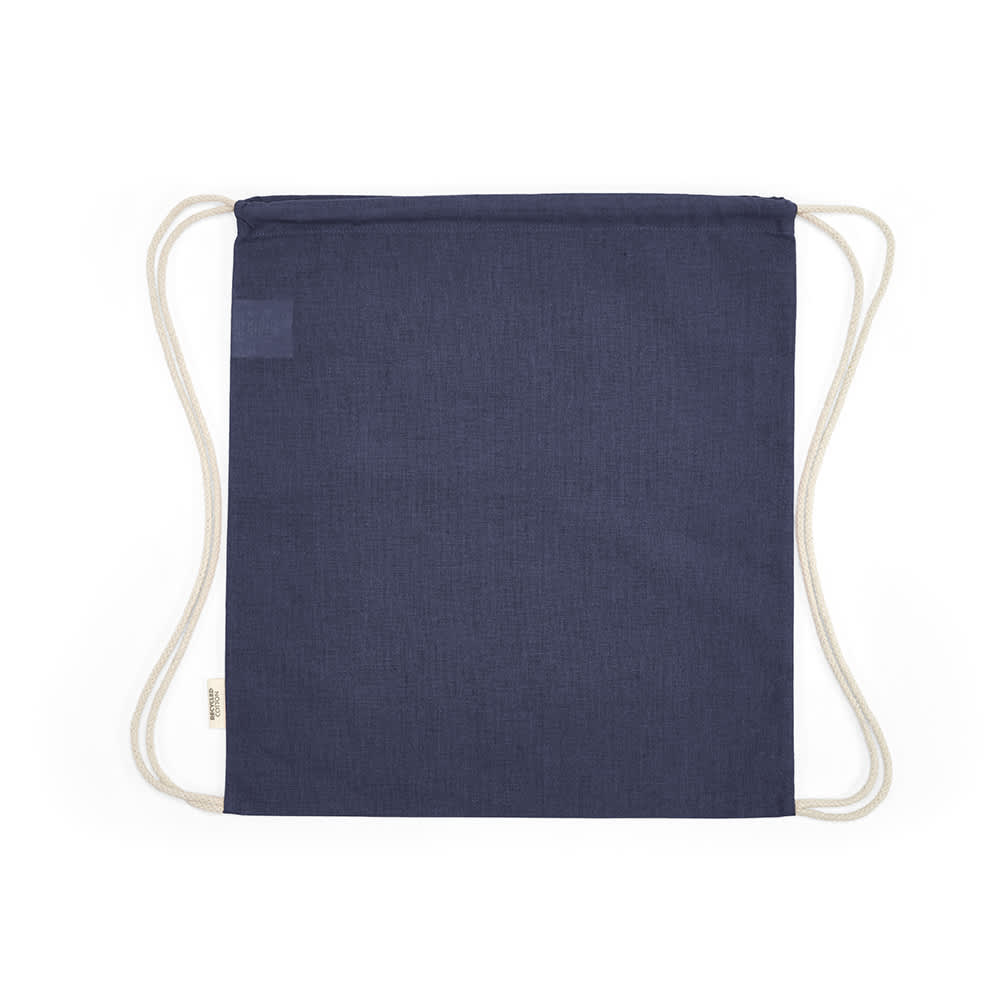 A navy drawstring bag with cream rope straps, featuring a small logo on one side.