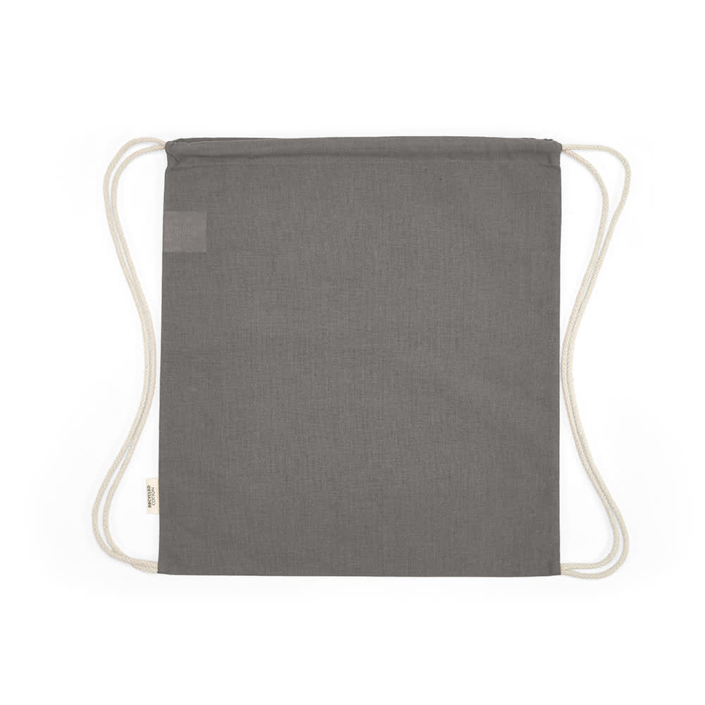 A grey drawstring bag made of rCotton, featuring rCotton rope straps and a logo.