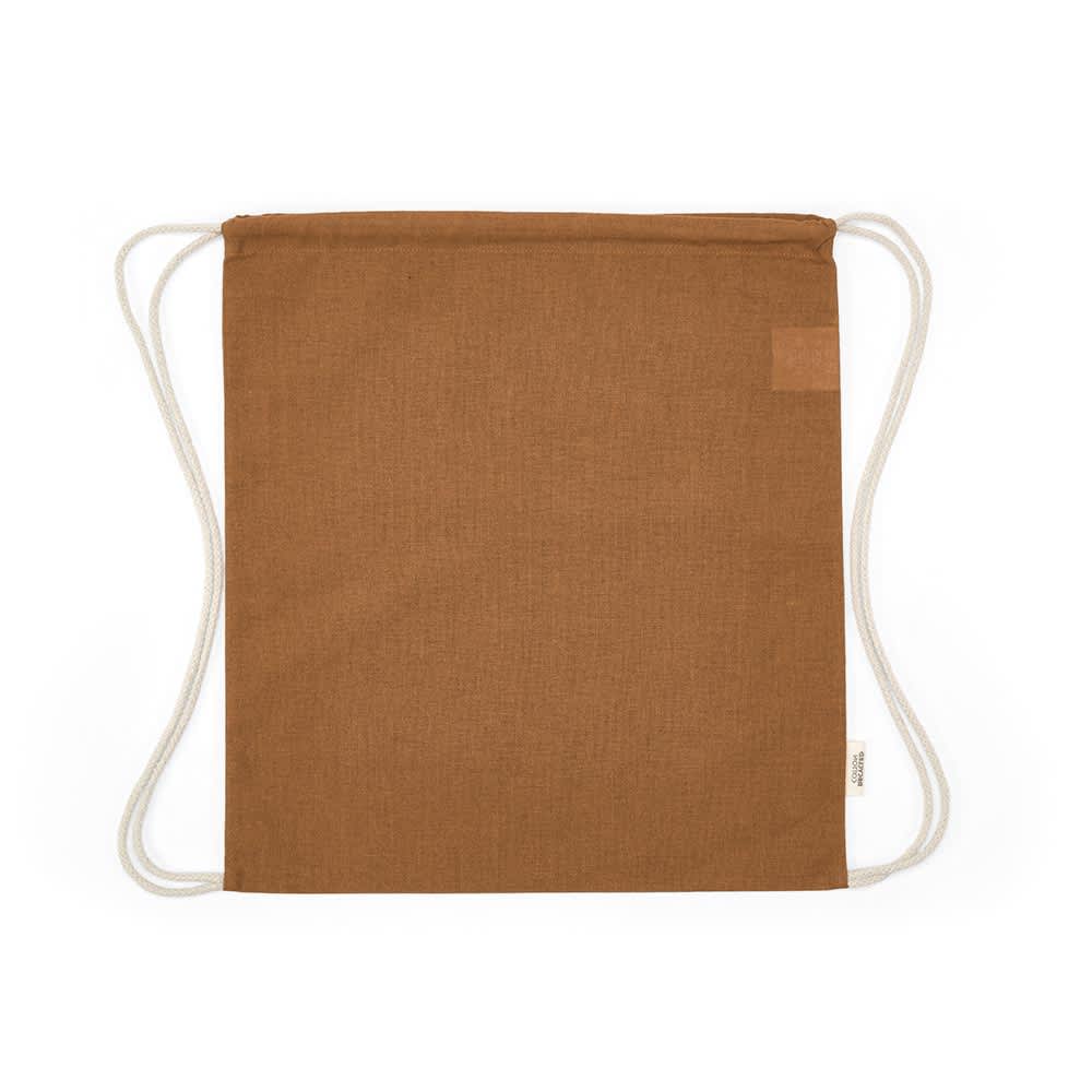 A brown drawstring bag made of rCotton with white rope straps and a small logo.