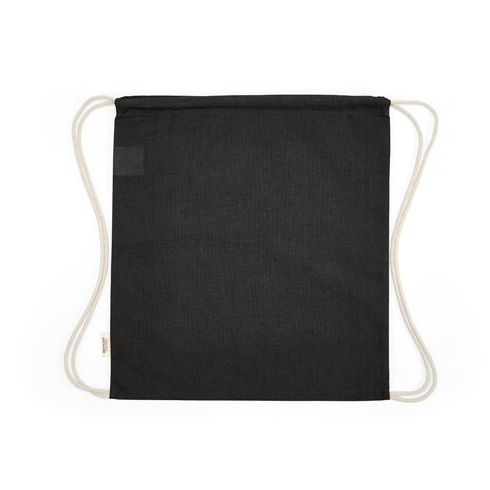 A black drawstring bag with cream rCotton rope straps and a small logo.