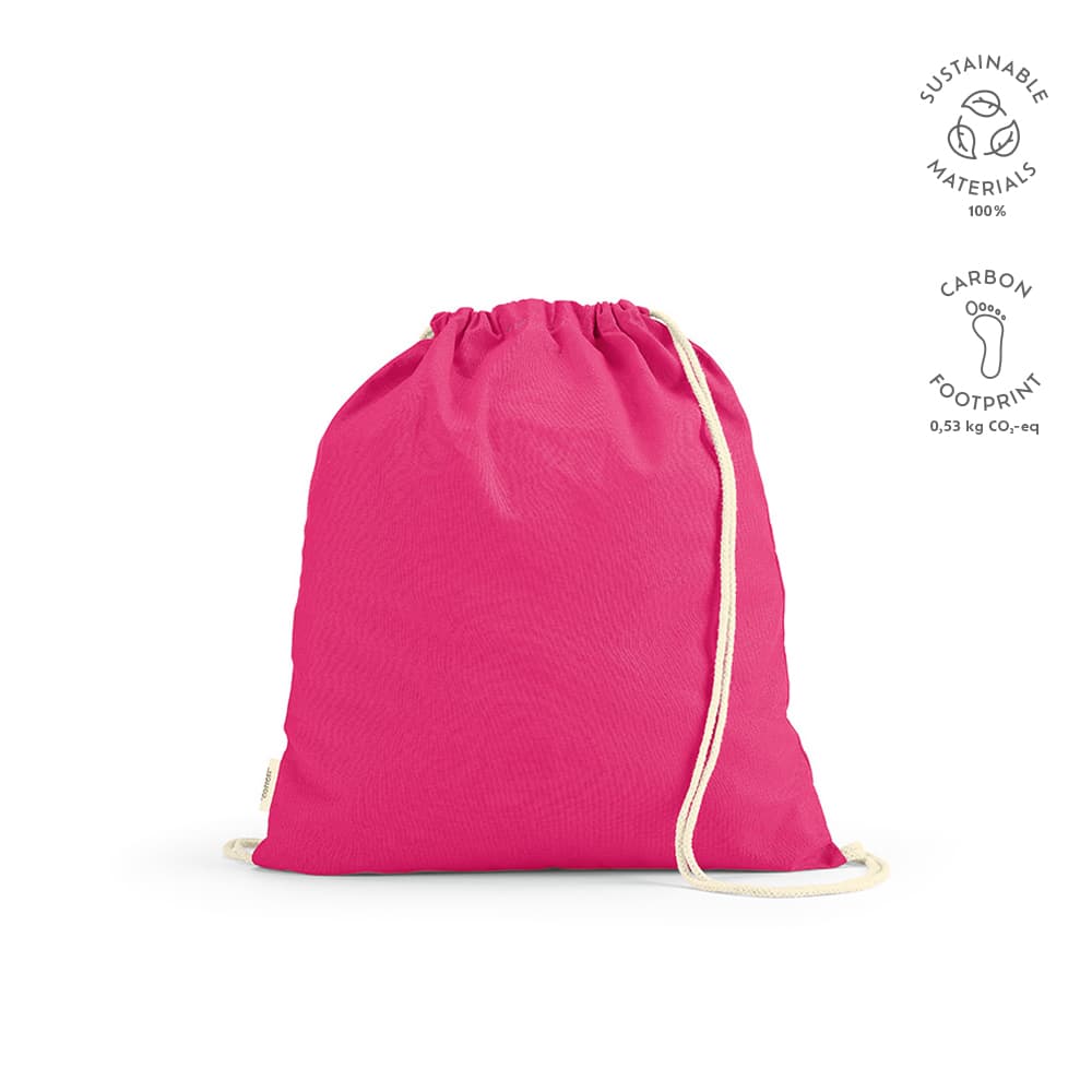 A pink drawstring bag with natural rope straps, made from sustainable materials. Features a logo.