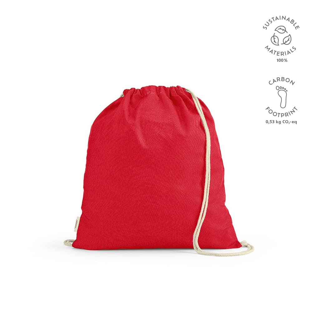 A red drawstring bag made of rCotton with cream-coloured rope straps and a logo.