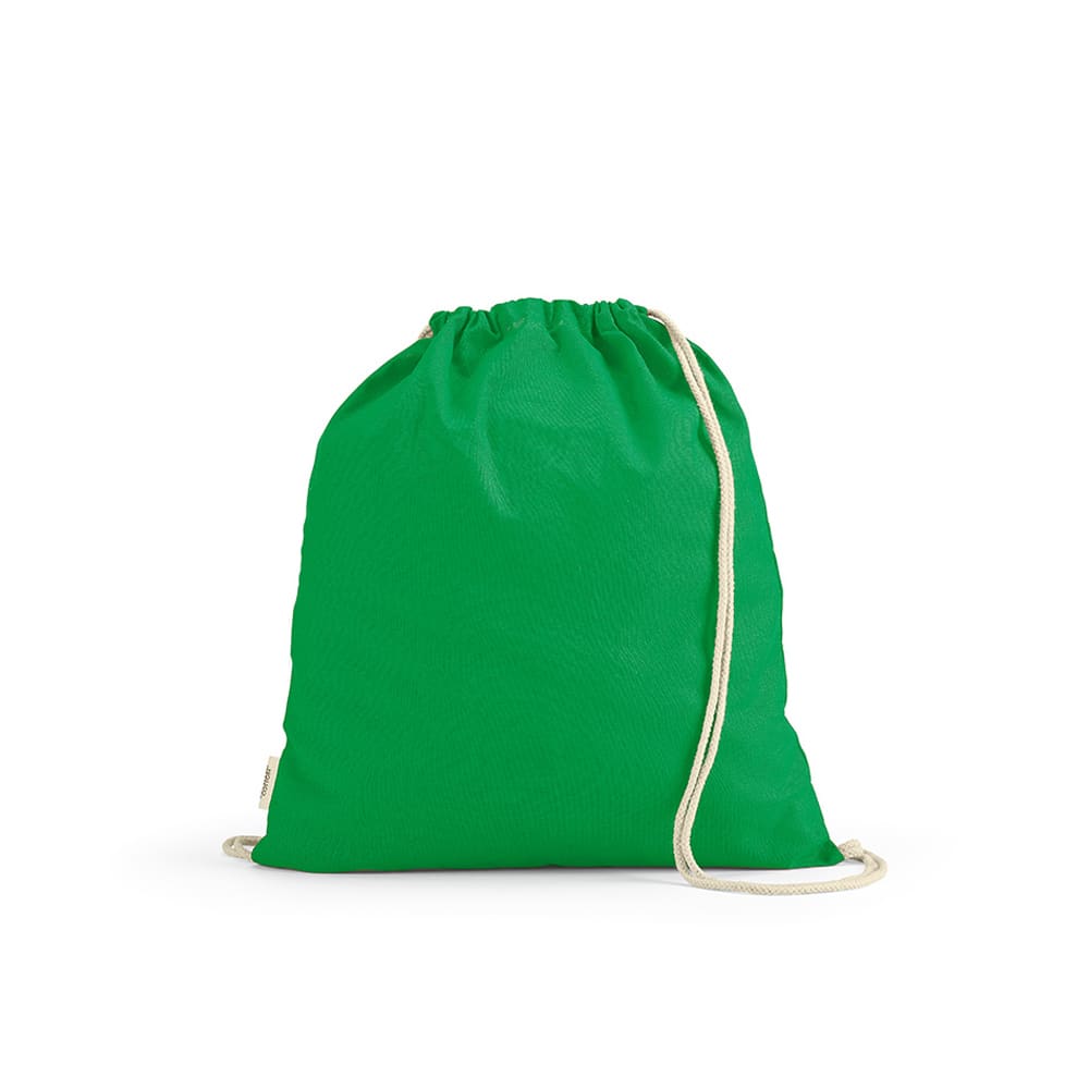 A green drawstring bag made of rCotton with cream rope straps and a logo.