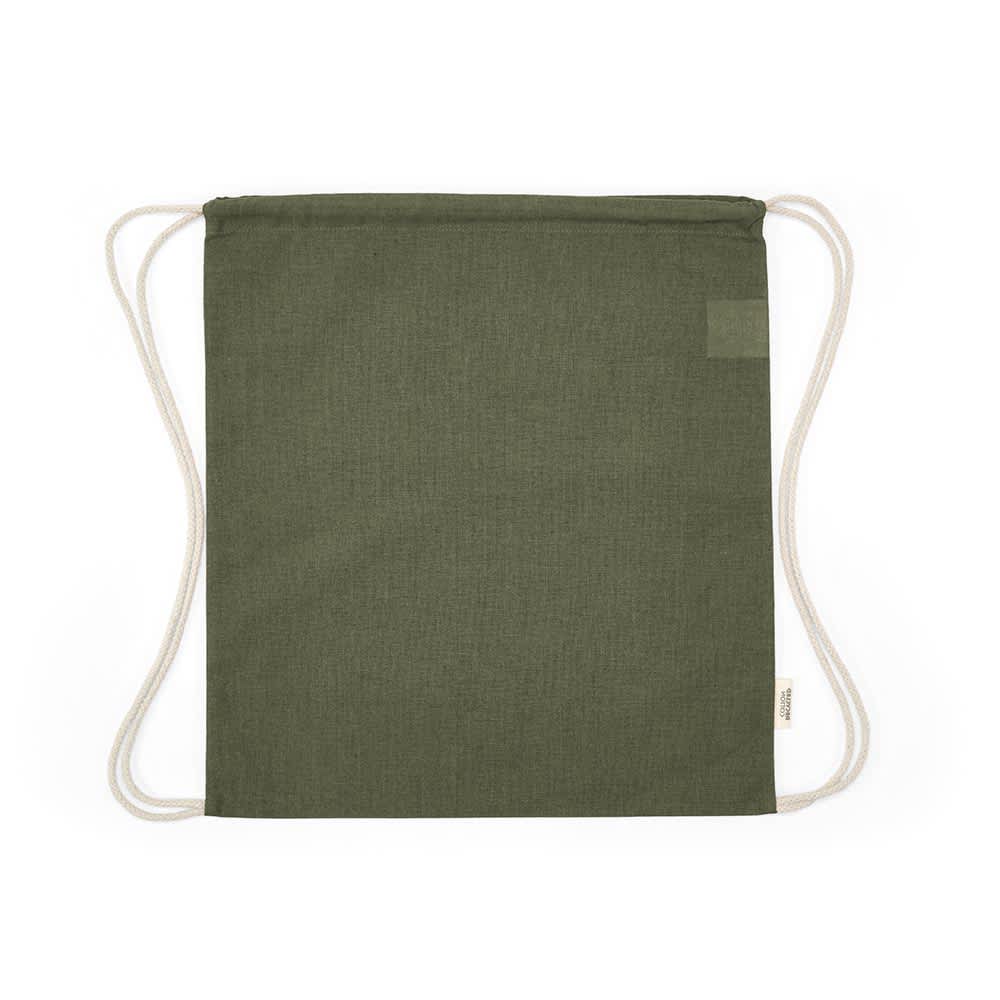 A green drawstring bag with rCotton material and cream-coloured rope straps, featuring a logo.