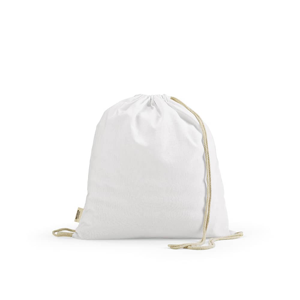 A white drawstring bag made from rCotton with cream rope straps, featuring a small branding logo.