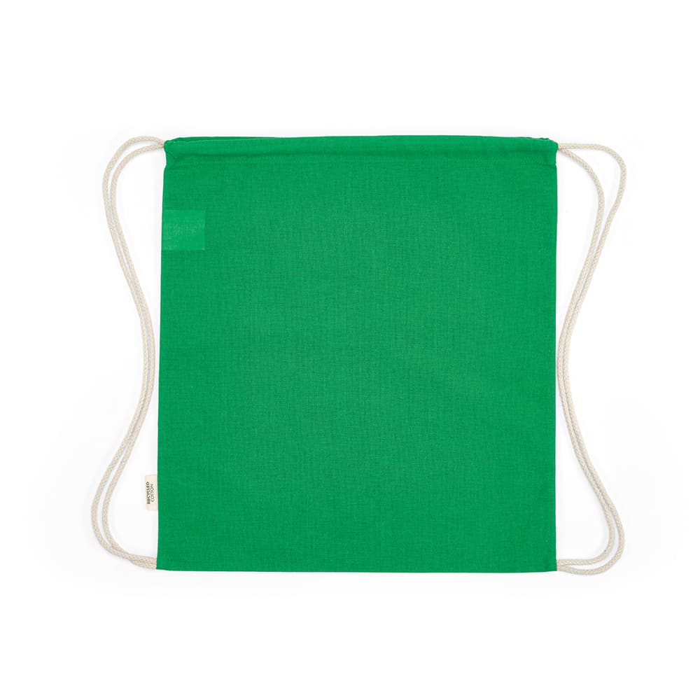 A green drawstring bag with rCotton material and cream rope straps, featuring a logo.