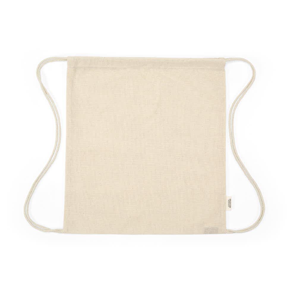 A cream drawstring bag made from rCotton fabric with rope straps and a small logo.