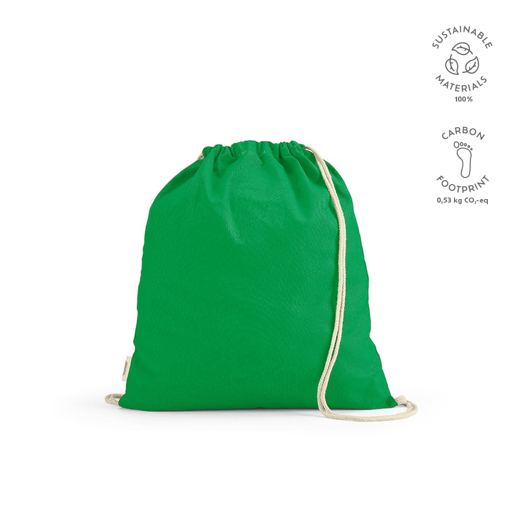 A green drawstring bag made from rCotton with natural rope straps, featuring a logo.