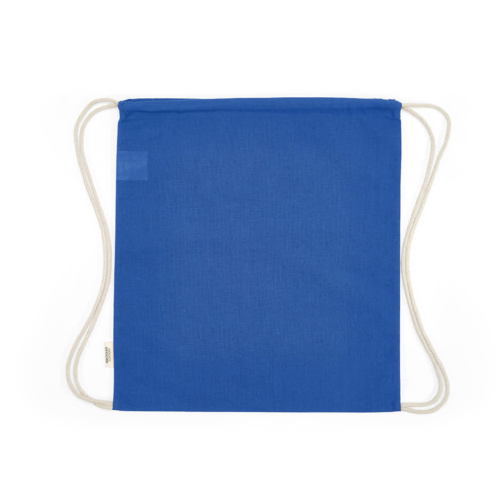A blue drawstring bag with cream-coloured rope straps and a logo. Made from rCotton, 140gsm.