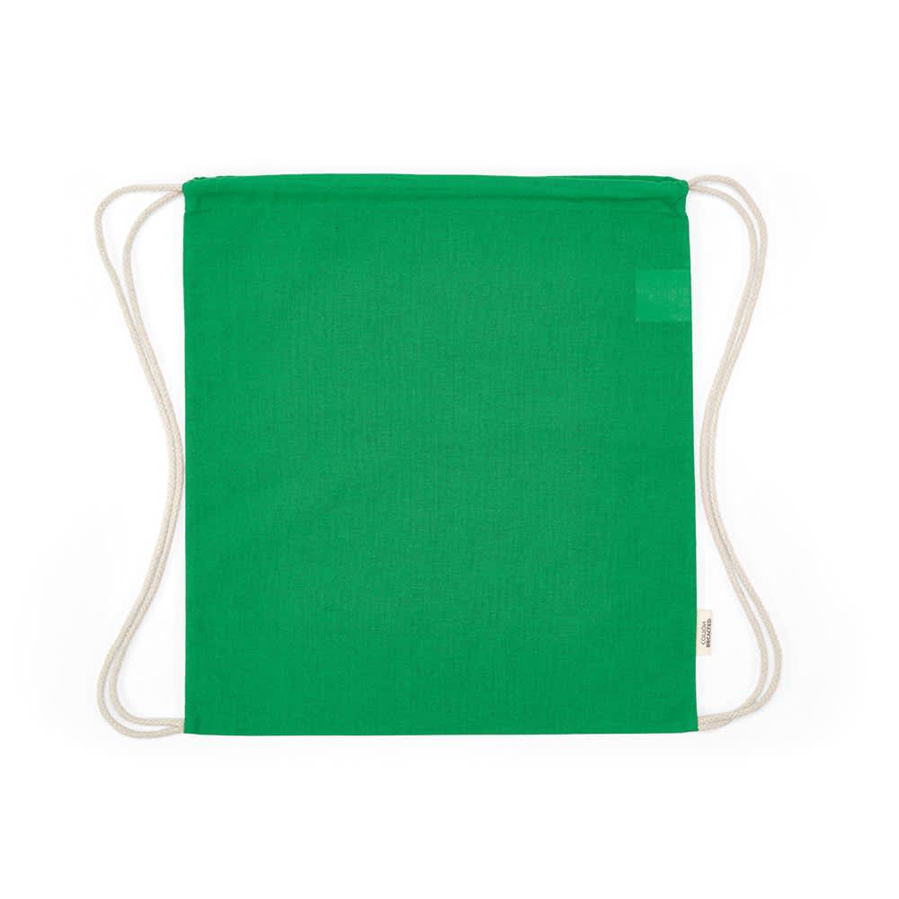A green drawstring bag with natural rope straps, featuring a logo on the side.