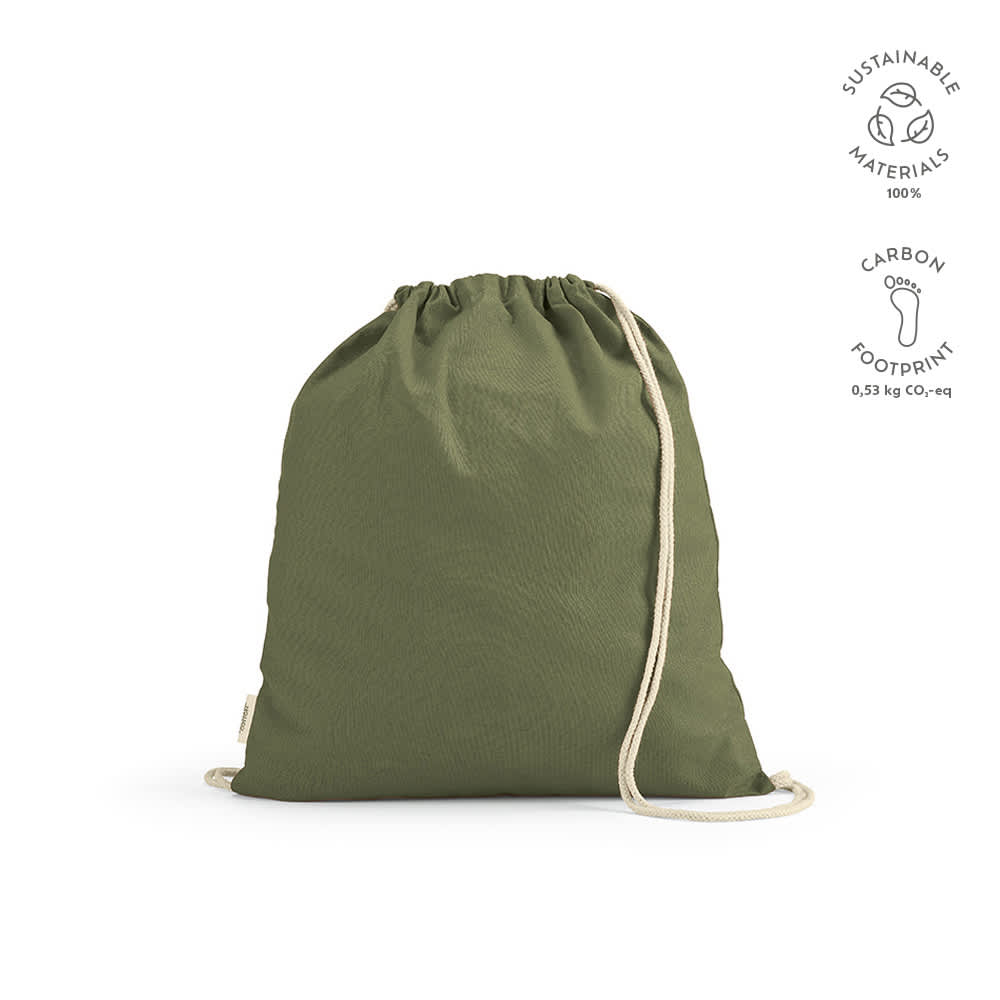 An olive green drawstring bag made from sustainable materials with cotton rope straps and a logo.