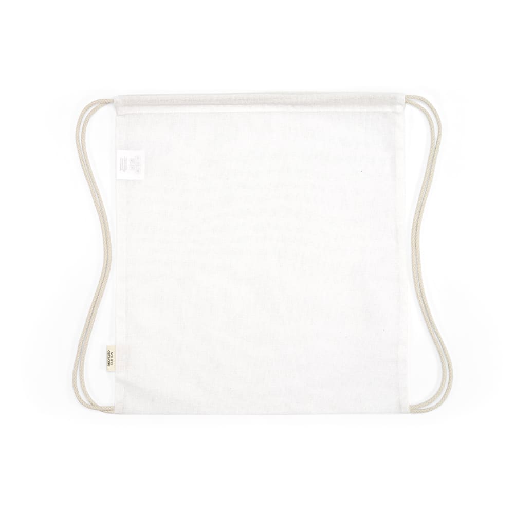 A white drawstring bag with rCotton material and rope straps, featuring a logo.
