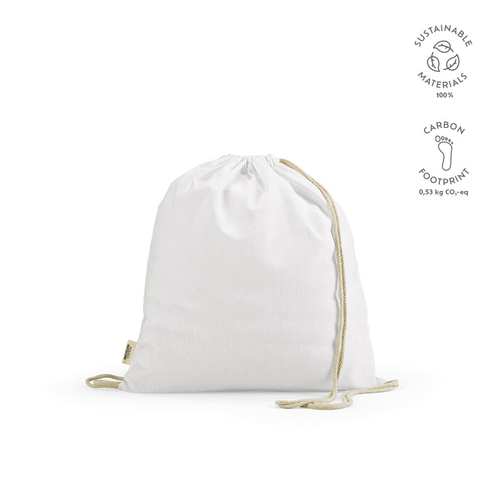 A white drawstring bag made from sustainable materials, featuring rCotton fabric and rope straps.