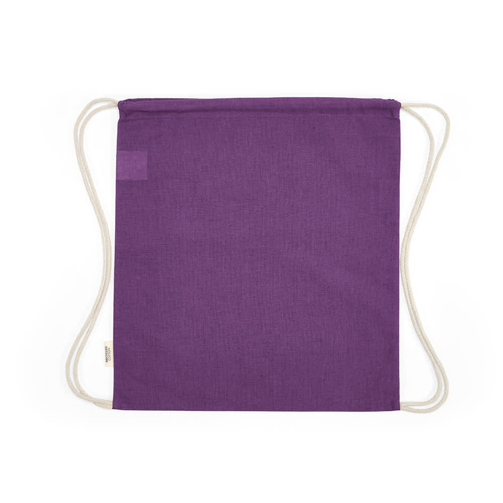 A purple drawstring bag made of rCotton, featuring cream-coloured rope straps and a logo.