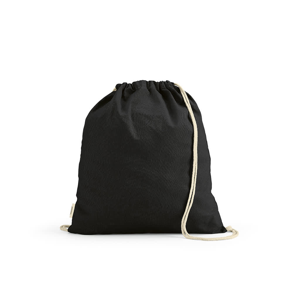 A black drawstring bag made from rCotton, featuring rCotton rope straps and a simple design.