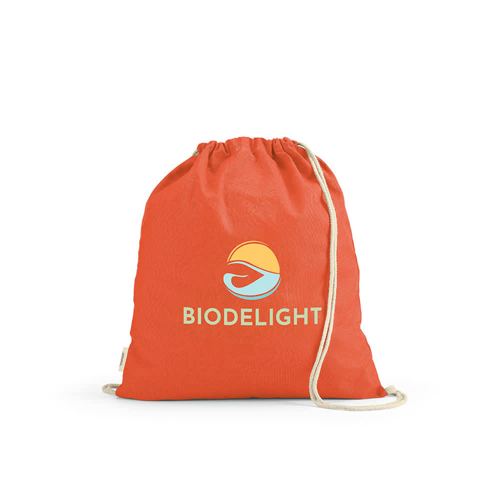 An orange drawstring bag with cream-coloured rope straps and a logo on the front.
